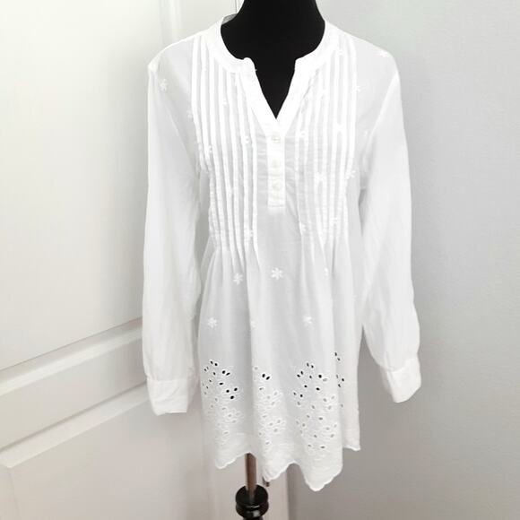 Vintage Y2K Eyelet Lace Tunic Top White Broderie Anglaise Roll Tab Resort - Picture 3 of 13